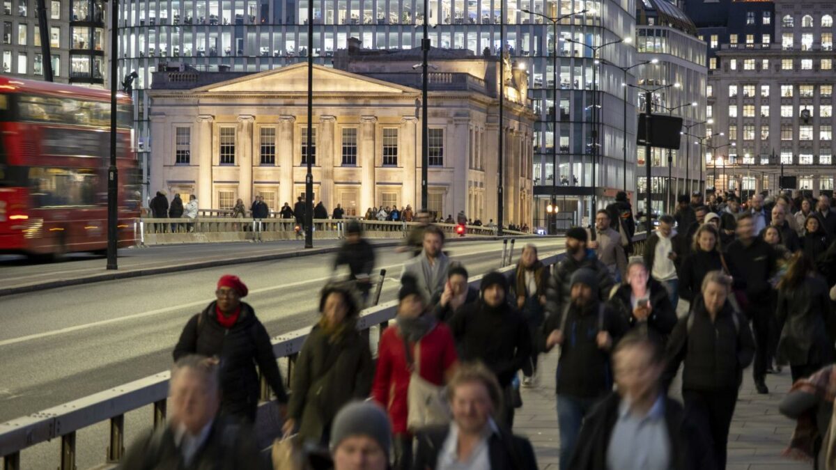 City workers, commuters and other people crossing London Bridge on the daily after-work routine towards the major transport hubs just across from the City of London on 27th November 2025.