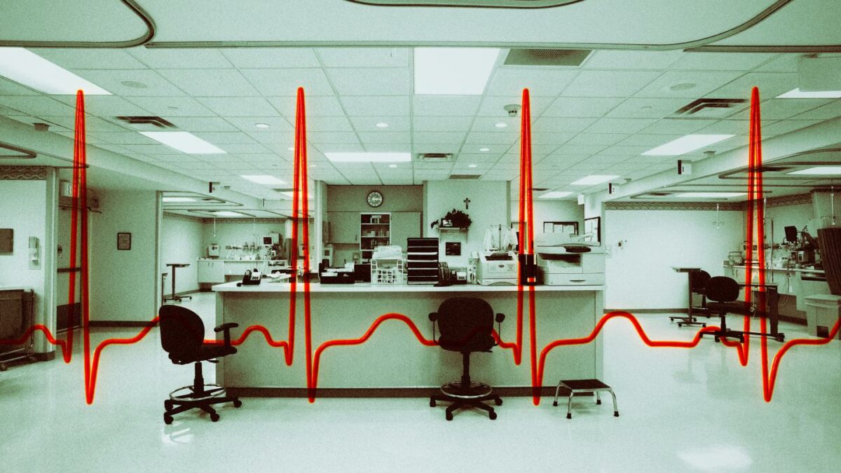 Photo illustration showing the interior of a medical office with lines from an EKG overlaying it